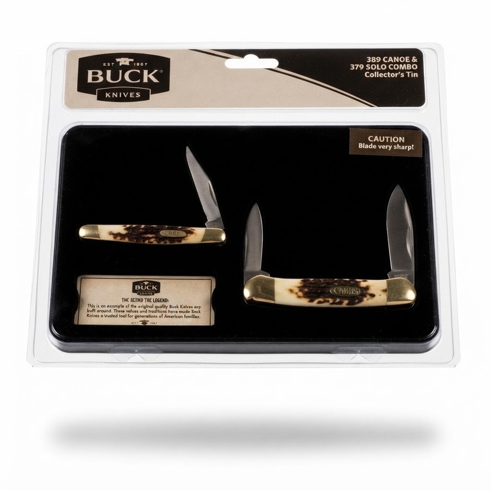 Buck Knives 389 Canoe & 379 Solo Combo Set OS Brown NEW Collector Tin Stag